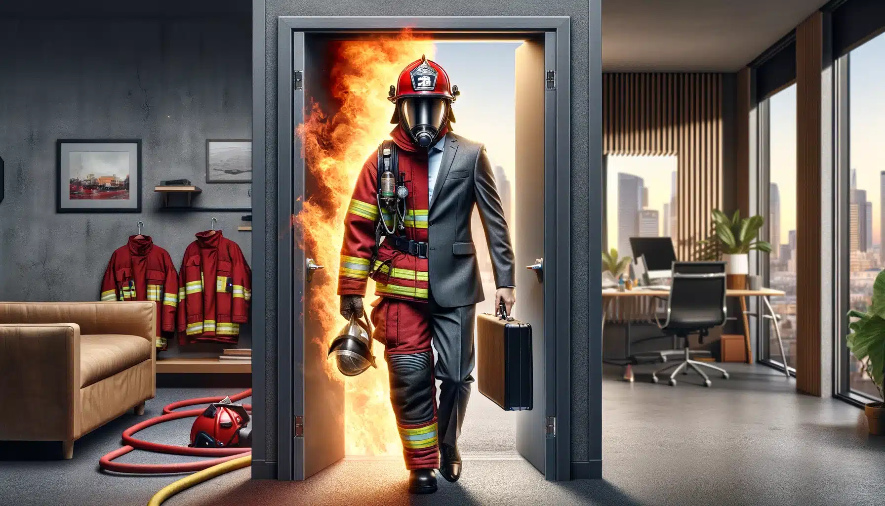 dall·e 2024 03 12 17.00.03 a hyper realistic wide banner image of a firefighter transitioning through a doorway, with a subtle change from firefighting gear to a business suit.